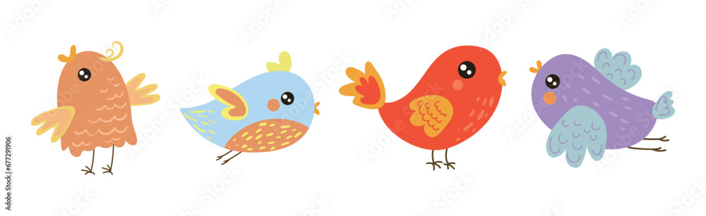 Sticker Funny Little Bird with Colorful Feather Vector Set