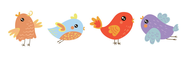 Funny Little Bird with Colorful Feather Vector Set