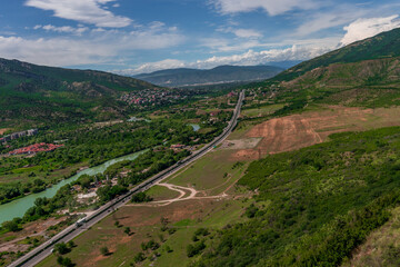 Jvari Monastery panaromic view  Aragvi River valley  significant waterway in Georgia, landscapes. Originating in the Greater Caucasus Mountains