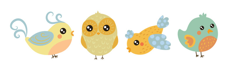 Funny Little Bird with Colorful Feather Vector Set