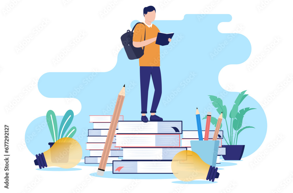 Poster education concept vector - illustration of male student standing on stack of books reading and study
