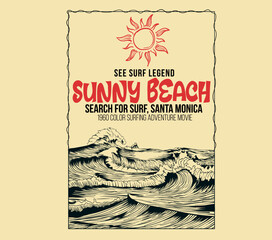sunny beach poster illustration, line water waves vector, Vector sea waves hand sketch, Hand drawn waves illustration with sunset