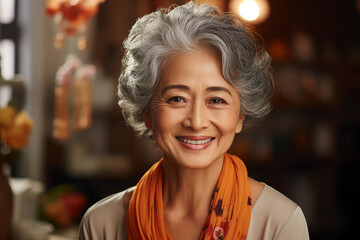Portrait of an mature Asian beautiful gray-haired smiling woman with wrinkles around her eyes with a bright orange scarf around her neck on a blurry background - obrazy, fototapety, plakaty