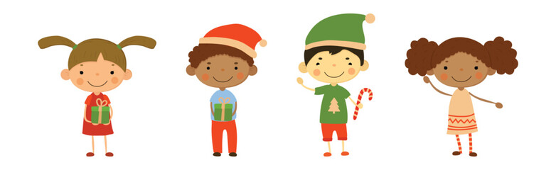 Cute Kids Wearing Christmas Holiday Costume Vector Set
