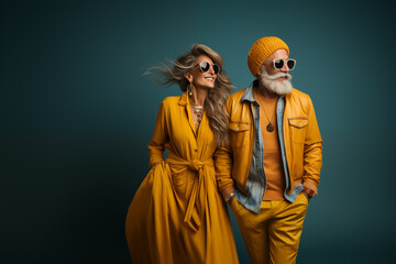 A modern stylish mature smiling couple, man and a woman in bright yellow fashionable clothes, black sunglasses and jewelry on a dark teal blue colored background