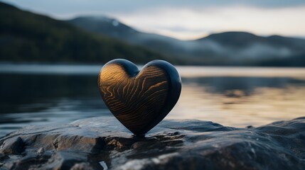 Fototapeta premium Close up of a anthracite wooden Heart in front of a beautiful Lake. Blurred natural Background