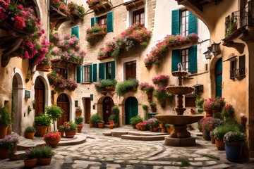 A traditional village square, featuring a charming fountain surrounded by historic buildings with flower-filled balconies.