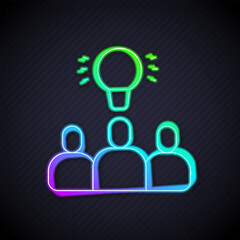Glowing neon line Project team base icon isolated on black background. Business analysis and planning, consulting, team work, project management. Vector