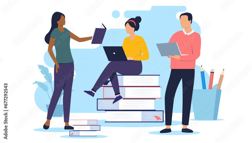 Fototapete Students doing school work - Team of three people with laptops and book reading and working and studying on education project together. Flat design vector illustration with white background