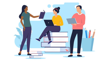 Students doing school work - Team of three people with laptops and book reading and working and studying on education project together. Flat design vector illustration with white background