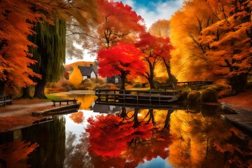 A village pond surrounded by vibrant autumn foliage, with reflections of red and gold leaves creating a picturesque scene.
