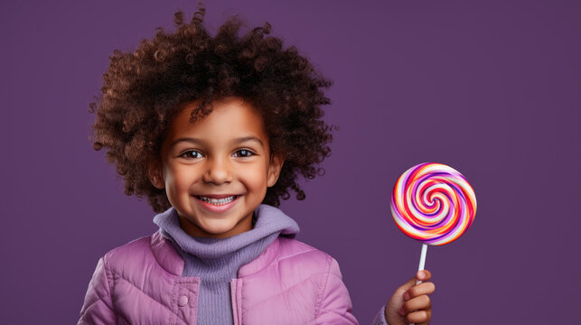 cute kid holding a big swirl lollipop on color background, generative