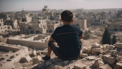 Fototapeta na wymiar Little boy sitting on the ruins of the ancient city of Umm Qais. Jordan