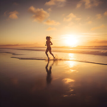 Athletic young woman running on the beach at beautiful sunset