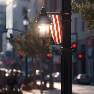Lantern with American flag on the background of the street.