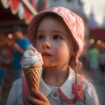 Adorable little girl eating ice cream at the fair in Moscow.
