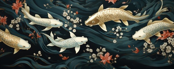 Serene Koi Fish Artwork in Tranquil Water - obrazy, fototapety, plakaty