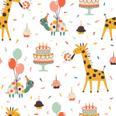 Naklejka premium Birthday seamless pattern with cute animals. Vector hand drawn cartoon illustration of festive elements and funny characters. Vintage cheerful pastel palette is perfect for gift wrapping.