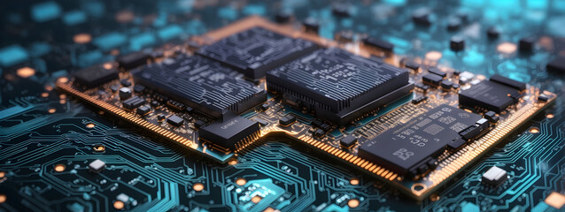 Microcosm of Technology: Computer motherboard circuit with microchips and tiny components. Wide macro photo