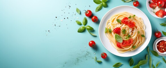 fresh spaghetti pasta, salad, light aquamarine and red