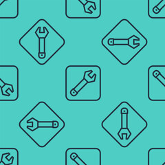 Black line Wrench spanner icon isolated seamless pattern on green background. Spanner repair tool. Service tool symbol. Vector