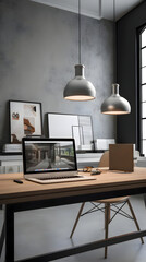 Creative designer desktop with laptop and computer in loft office. Workplace concept. 3D Rendering
