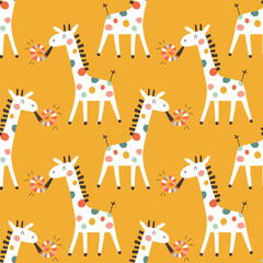 Birthday seamless pattern with cute giraffe. Vector hand drawn cartoon illustration of festive elements and funny characters. Vintage fun pastel palette is perfect for gift wrapping. - obrazy, fototapety, plakaty