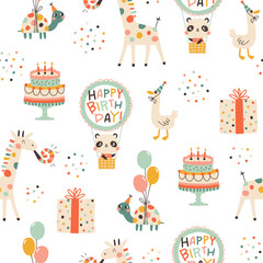 Obraz na płótnie Canvas Birthday seamless pattern with cute animals. Vector hand drawn cartoon illustration of festive elements and funny characters. Vintage cheerful pastel palette is perfect for gift wrapping.