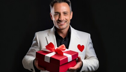 Man is holding a gift for valentine's day