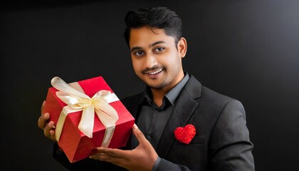 Man is holding a gift for valentine's day