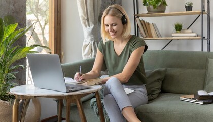 blond girl is working from home concept with a nice view
