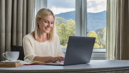 blond girl is working from home concept with a nice view