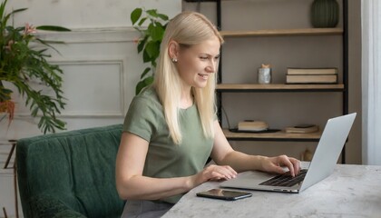 blond girl is working from home concept with a nice view