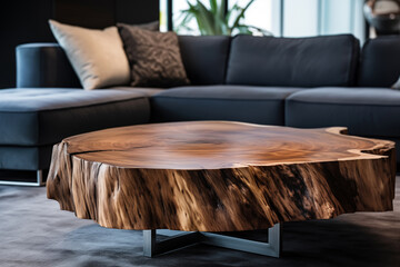 Luxury empty table made of natural slab of expensive wood close-up in a modern room, mockup for interior decor