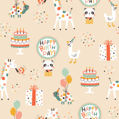 Fototapeta premium Birthday seamless pattern with cute animals. Vector hand drawn cartoon illustration of festive elements and funny characters. Vintage cheerful pastel palette is perfect for gift wrapping.