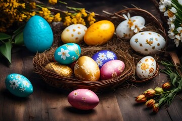 Fototapeta na wymiar easter theme eggs in a basket with wooden backdrop