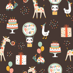 Birthday seamless pattern with cute animals. Vector hand drawn cartoon illustration of festive elements and funny characters. Vintage cheerful pastel palette is perfect for gift wrapping.