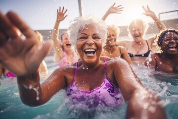 Multiracial Mature women having fun and doing water aerobics in pool - obrazy, fototapety, plakaty