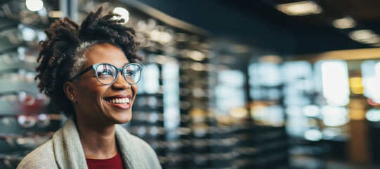 Attractive African American mature woman chooses and tries on glasses in an ophthalmology store, banner format