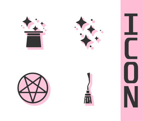 Set Witches broom, Magic hat, Pentagram in circle and Sparkle stars with magic icon. Vector