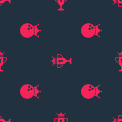 Set Bowling ball and Award cup on seamless pattern. Vector