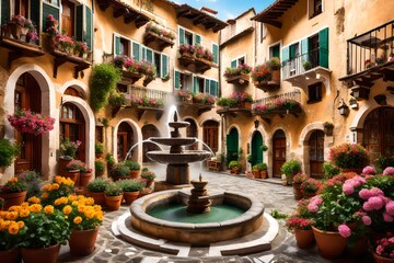 Fototapeta na wymiar A traditional village square, featuring a charming fountain surrounded by historic buildings with flower-filled balconies.