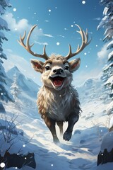 illustration of a reindeer leaping through a snowy landscape, furry mammal smiling with antlers, generative ai 