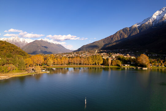 Aerial view of autumn lake panorama