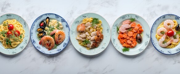 Fototapeta premium pasta seafood and meat on plates