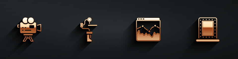 Set Retro cinema camera, Gimbal stabilizer for, Music wave equalizer and Makeup mirror with lights icon with long shadow. Vector