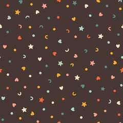 Chaotic confetti seamless pattern. Vector abstract background. Cute simple candy, star, heart and polka dot shapes in a fun vintage palette are perfect for gift wrapping paper.