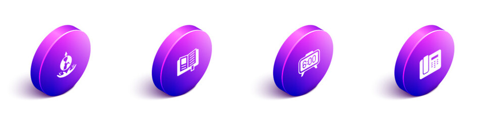 Set Isometric World expansion, Reading book, Digital alarm clock and Telephone 24 hours support icon. Vector