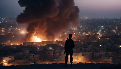 Man standing on the background of a large fire in the city.