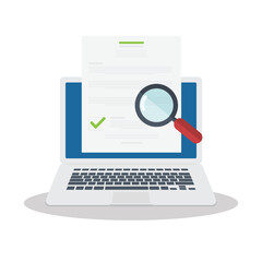 Online digital document inspection or assessment evaluation on laptop computer, contract review, analysis, inspection of agreement contract, compliance verification. Vector illustration	 - obrazy, fototapety, plakaty